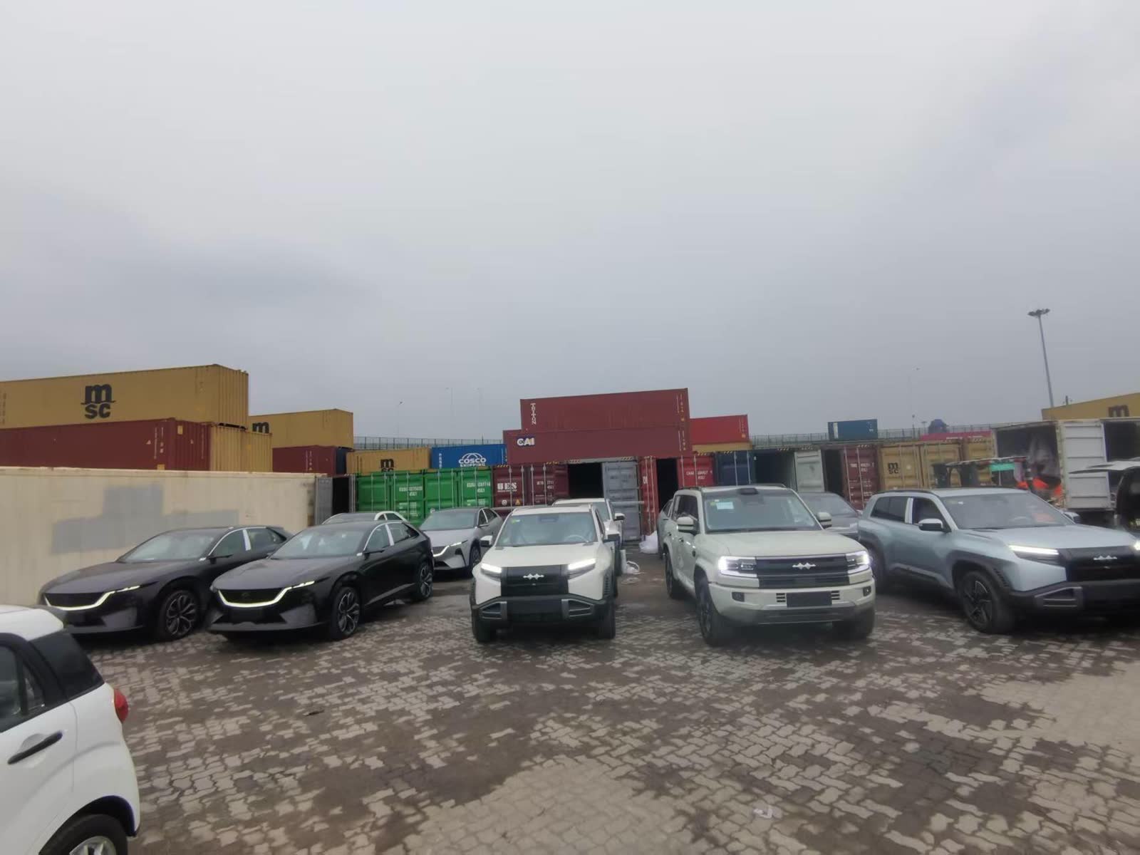 New vehicles staged at a Chinese export container yard